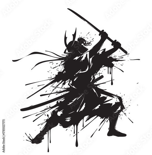 Silhouette of a dynamic samurai warrior in action pose, wielding a katana with dramatic ink splatters for a bold artistic effect.