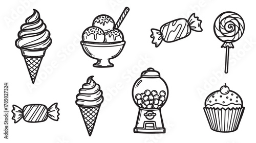Black outline vector drawings of various sweets including ice cream cones, candies, a gumball machine, a cupcake, and a lollipop.