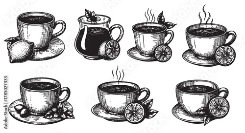 Hand-drawn sketch of various tea and coffee cups with lemons and a pitcher, emphasizing a vintage and rustic style.