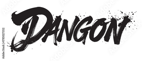 Bold black brushstroke text featuring the word "dangon" with dynamic splatter effects for an artistic and expressive style.