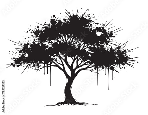 Bold black ink splash silhouette of a tree with thick branches and a dense, leafy canopy, creating a striking and abstract artistic effect.