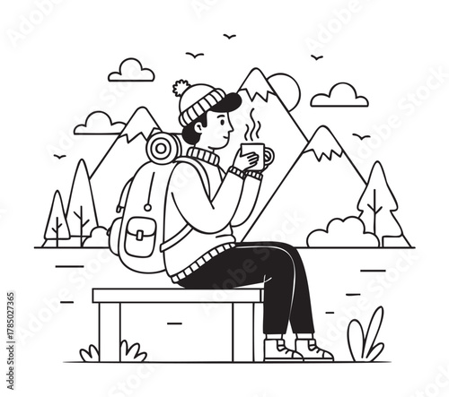 Young caucasian male hiker sitting on a bench, enjoying a hot drink, with mountains and trees in the background.