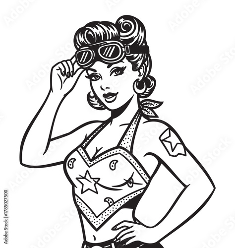 Black and white illustration of a young caucasian female with retro hairstyle wearing aviator goggles and a patterned bandana top.