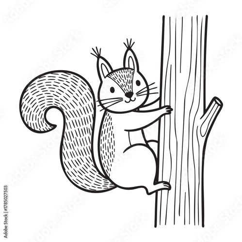 Black and white outline drawing of a smiling squirrel clinging to the side of a bare tree trunk, featuring textured fur and bushy tail.