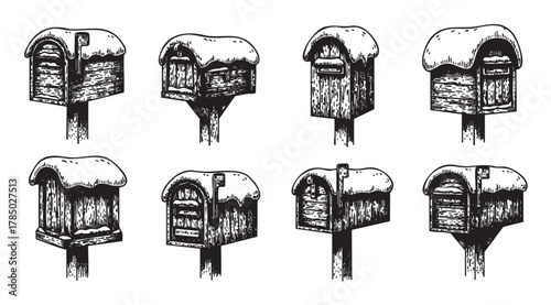 Eight unique wooden mailboxes with snow-covered roofs arranged in two rows, showcasing varying traditional designs and textures.