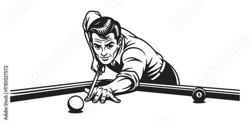 Black and white illustration of a caucasian male in a vintage style, focusing intently while aiming a cue stick at a billiard ball on a pool table.