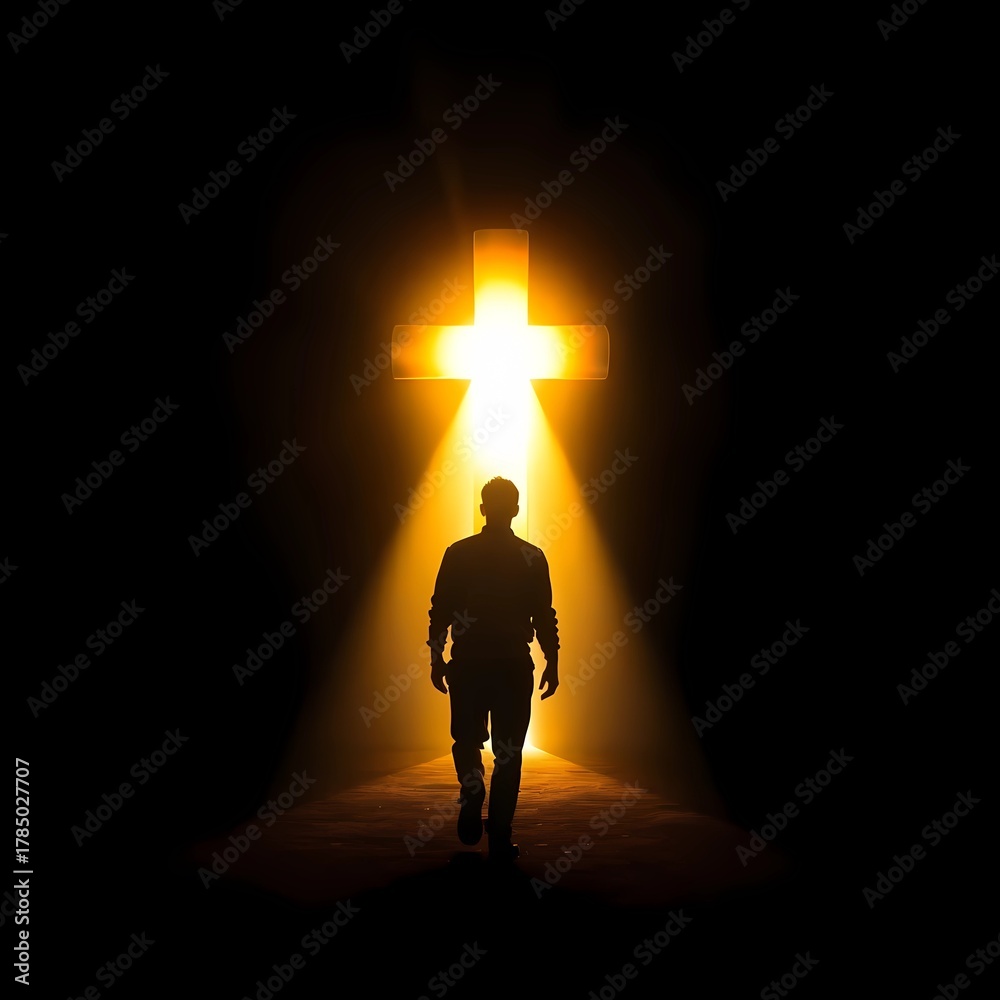 Fototapeta premium Silhouette of a man walking towards a glowing cross in a dark space or tunnel