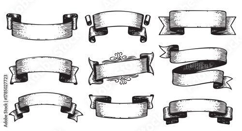 Nine intricately detailed vintage ribbon banners in a black and white design, each with unique decorative elements and folds.