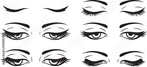 Black and white stylized eyes with dramatic eyelashes and eyebrows makeup beauty