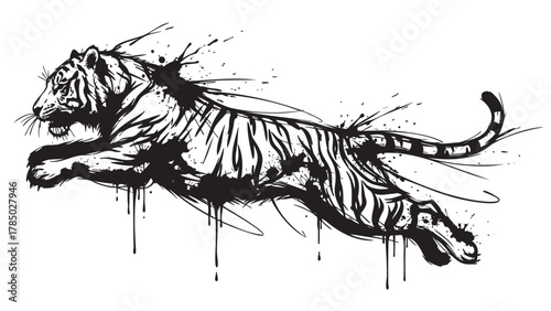 Black ink splash illustration of a leaping tiger with dynamic lines and a stylized artistic effect.