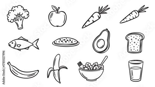 Outline drawings of various food items including fruits, vegetables, fish, bread, a salad bowl with utensils, and a glass of liquid.