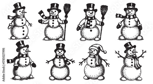 Eight intricately detailed hand-drawn snowman figures, each with unique features and attire including hats, scarves, and broomsticks, showcasing cheerful expressions.