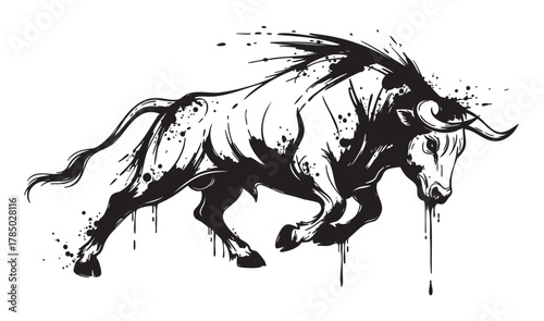 Dynamic black and white illustration of a charging bull, featuring splattering ink effects and fluid motion lines conveying power and energy.