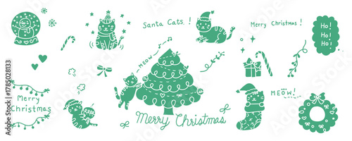 Hand drawn christmas cat element line doodle concept set. Solid style vector illustration design.