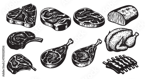 Hand-drawn black and white illustrations of various meat cuts including steaks, chicken, and ham shown in a rustic style.