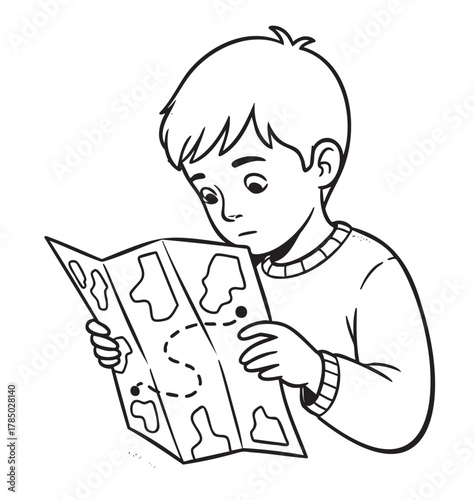Black and white line drawing of a young caucasian boy intently studying a folded map with marked paths and destinations.