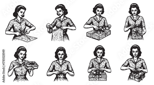 Vintage-style black and white illustrations of a young caucasian female demonstrating the step-by-step process of wrapping a gift with precision and care.
