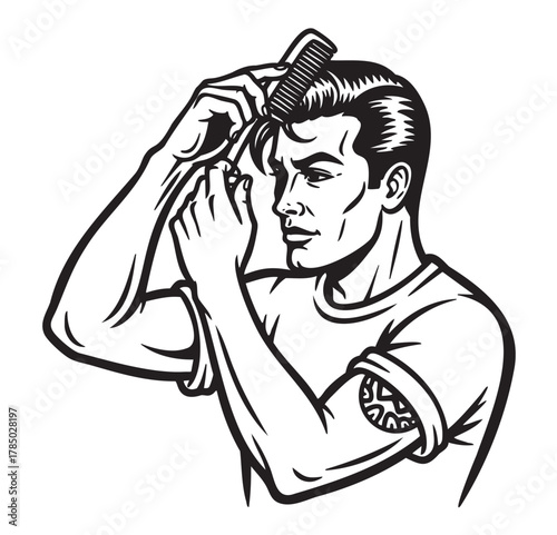 Black and white sketch of a young caucasian male styling his hair with a comb, showcasing a side profile with a tattoo on his upper arm and wearing a short-sleeved shirt.