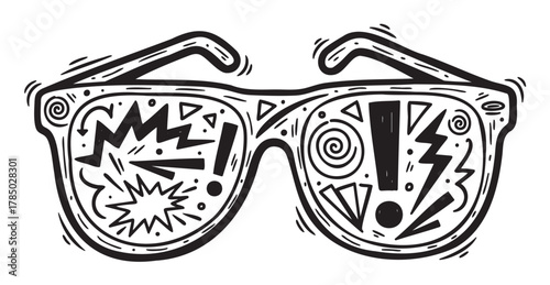 Black and white illustration of sunglasses with abstract comic-style patterns and symbols on the lenses, including exclamations and geometric shapes.