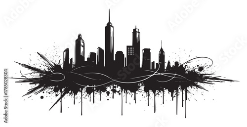 Black silhouette of a city skyline with skyscrapers, enhanced by artistic ink splatters and swirling lines, representing urban life and creativity.