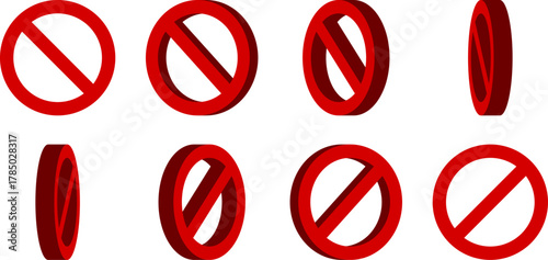 3D Style Sprite Sheet of Rotating Red No Sign General Prohibition Restricted or Forbidden Circle-Backslash Icon for Game or App Animation. Vector Image.