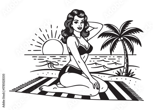 Black and white illustration of a young caucasian female in a bikini posing on a beach towel, with a palm tree and sunset in the background.