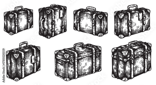 Hand-drawn black and white sketches of vintage luggage, showcasing a variety of travel suitcases with intricate details and shading.