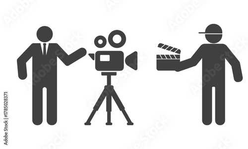 cameraman director filming on film video camera and person with clapboard icon