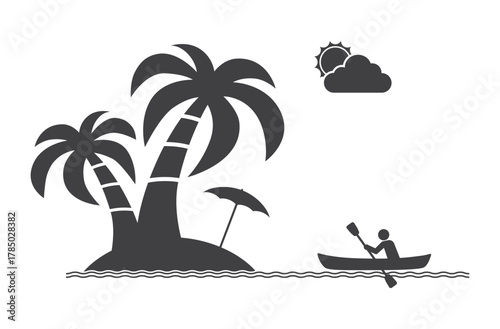 tourist on canoe boat swim near tropical island sea wave icon