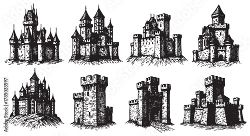 Eight intricately detailed medieval castles and fortresses in black and white sketch style, showcasing various architectural elements like towers and battlements.