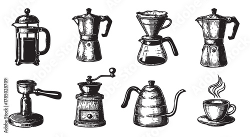 Hand-drawn vintage coffee equipment set featuring french press, moka pot, dripper, coffee grinder, gooseneck kettle, and a steaming cup.