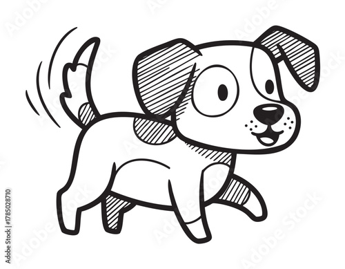 Black and white line drawing of a playful cartoon puppy wagging its tail, featuring prominent spots and an expressive face.