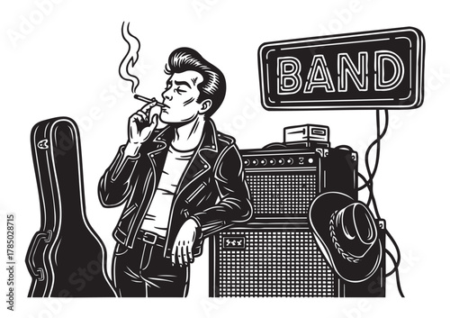 Black and white illustration of a young caucasian male in a leather jacket, leaning against band equipment, smoking a cigarette.