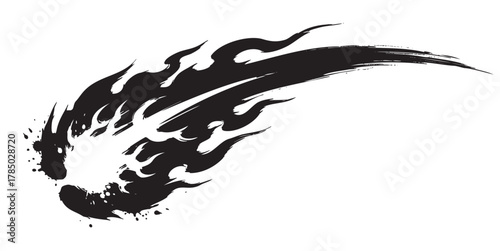 Black abstract flame-like meteor icon with dynamic trailing edges and splattered textured details.