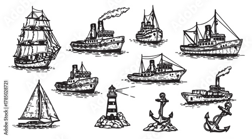 Hand-drawn black outline illustrations of various vintage ships and nautical elements including a lighthouse and anchors.