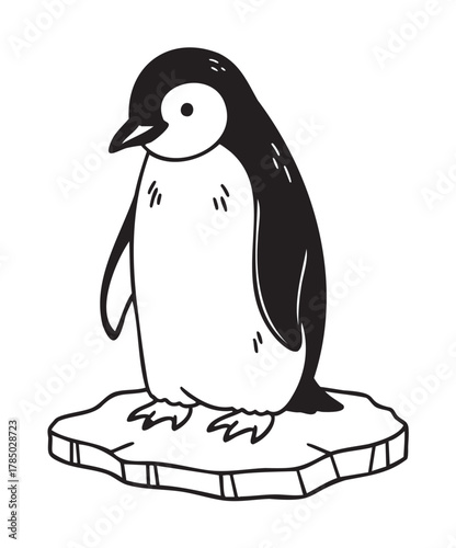 Black and white illustration of a penguin standing on an icy surface, showcasing a simplistic and cartoonish style.