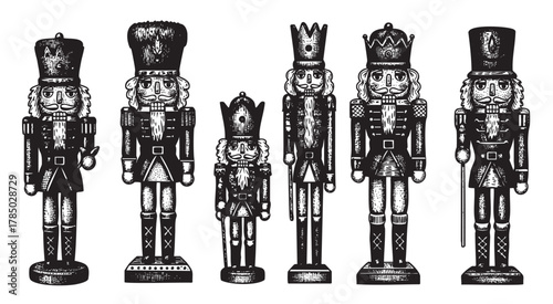Black and white illustration of six nutcracker figures with detailed uniforms, hats, and distinct facial features, arranged in a straight row.