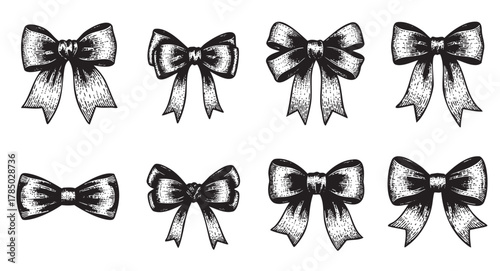 Eight intricately designed black and white bows showcase various decorative styles, perfect for gift wrapping, fashion, and ornamental purposes.