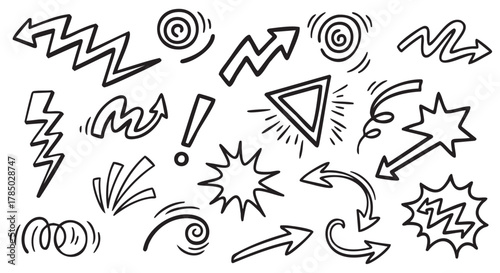 A collection of dynamic hand-drawn arrows, zigzags, swirls, and stars in black ink, showcasing energy and movement.
