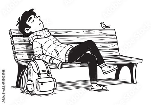 Young male resting on a park bench with closed eyes, wearing a sweater and jeans, accompanied by a backpack and a small bird perched nearby.
