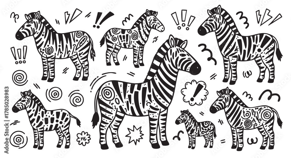 Obraz premium Black and white hand-drawn doodles of zebras with various patterns and expressive motion lines.