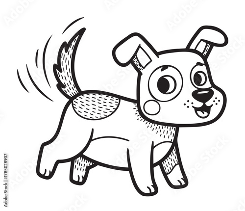 Black and white cartoon illustration of a playful dog wagging its tail energetically.