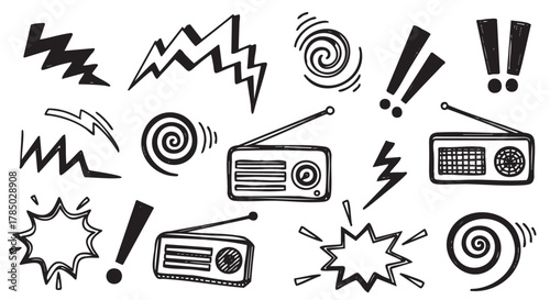 Black and white hand-drawn doodles of radios, sound waves, and exclamation marks depicting a dynamic audio theme.