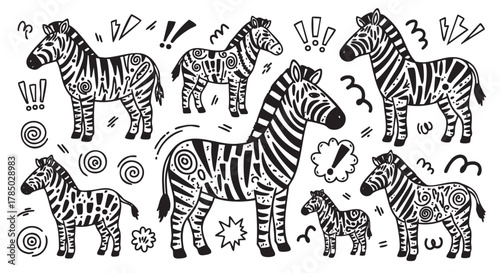 Black and white hand-drawn doodles of zebras with various patterns and expressive motion lines.