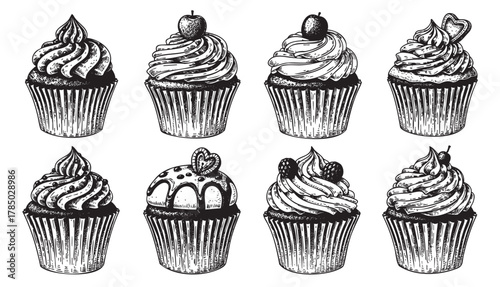 Eight intricately detailed black and white cupcakes, each uniquely decorated with various toppings like cherries, raspberries, icing, and little hearts.