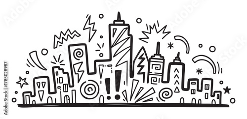 Black outline drawing of a quirky, abstract cityscape with skyscrapers, zigzag lines, and various geometric shapes.
