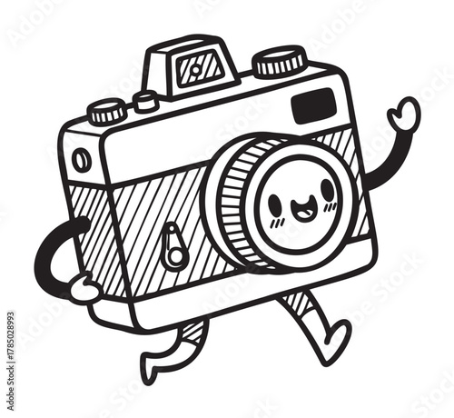 Cute black and white doodle of a cartoon camera with a smiling face, arms, and legs, appearing lively and happy.