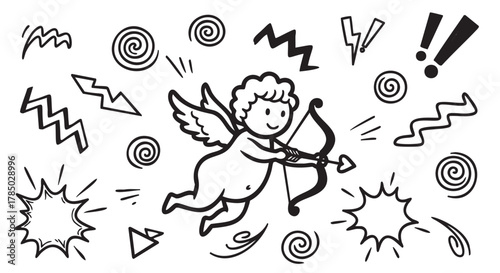 A whimsical black and white drawing of a cherubic winged figure with a bow and arrow, surrounded by dynamic abstract patterns and shapes.