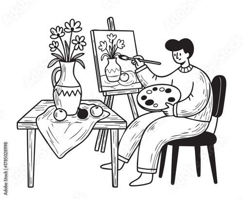 Caucasian male adult artist painting a still life of flowers and apples, seated on a chair holding a palette and brush near a table setup.