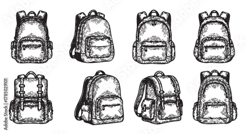 Eight intricately detailed black and white sketch-style backpacks are arranged in two rows, showcasing various designs and features.